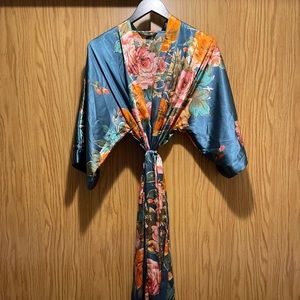 Silky teal floral dressing robe. Perfect for brides and expecting mothers!
